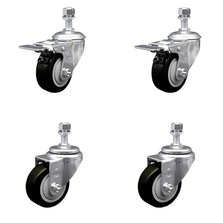Service Caster 3.5 Inch SS Black Poly Swivel 1/2 Inch Threaded Stem Caster Total Lock Brake, 2PK SSTSTTL20S3514-PPUB-BLK-121315-2-S-2